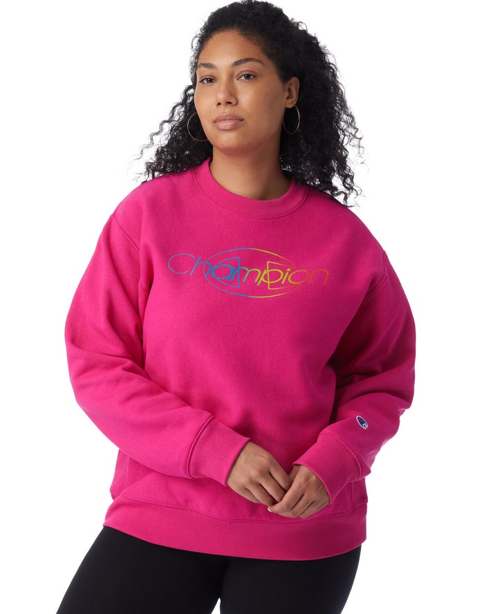 Champion Dame Sweatshirt Lyserød - Plus Reverse Weave Crew Rainbow Logo - Danmark LRS-679023